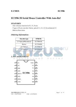 EC3586 datasheet - EC3586 3D Serial Mouse Controller With Auto-Ref