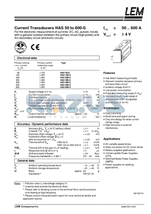 HAS100-S datasheet - Current Transducers HAS 50 to 600-S