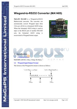 MA1405 datasheet - Wiegand-to-RS232 Converter