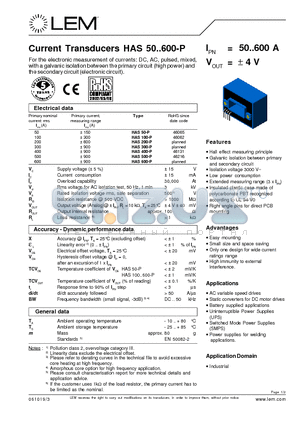 HAS600-P datasheet - Current Transducers