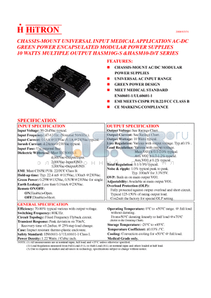 HASM10G-S datasheet - CHASSIS-MOUNT UNIVERSAL INPUT MEDICAL APPLICATION AC-DC GREEN POWER ENCAPSULATED MODULAR POWER SUPPLIES 10 WATTS MULTIPLE OUTPUT