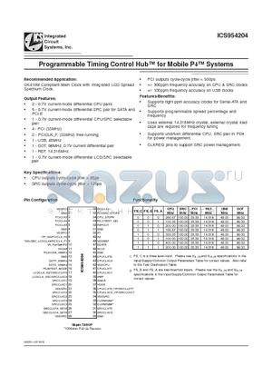 ICS954204 datasheet - Programmable Timing Control HubTM for Mobile P4TM Systems