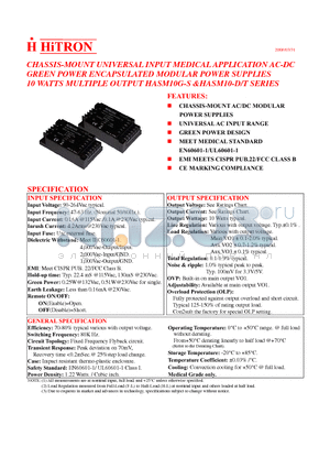 HASM10G-S240041 datasheet - CHASSIS-MOUNT UNIVERSAL INPUT MEDICAL APPLICATION AC-DC GREEN POWER ENCAPSULATED MODULAR POWER SUPPLIES 10 WATTS MULTIPLE OUTPUT