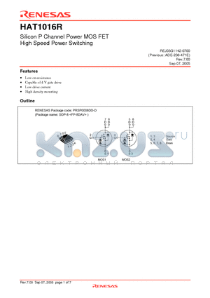 HAT1016R-EL-E datasheet - Silicon P Channel Power MOSFET High Speed Power Switching