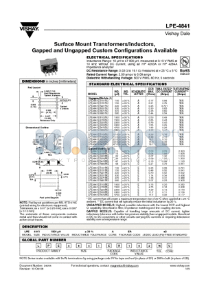 LPE4841ER151NU datasheet - Surface Mount Transformers/Inductors, Gapped and Ungapped Custom Configurations Available