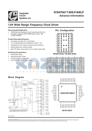 ICS97U877AHLF datasheet - 1.8V Wide Range Frequency Clock Driver