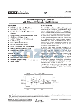 ADS1222IPWT datasheet - 24 BIT ANALOG TO DIGITAL CONVERTER WITH 2-CHANNEL DIFFERENTIAL INPUT MULTIPLEXER