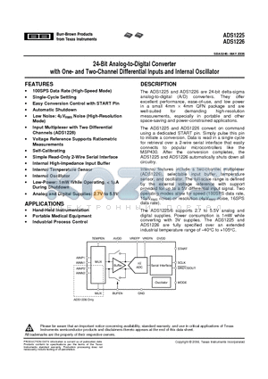 ADS1225IRGVRG4 datasheet - 24-Bit Analog-to-Digital Converter with One- and Two-Channel Differential Inputs and Internal Oscillator