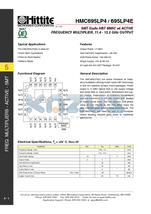 695LP4E datasheet - SMT GaAs HBT MMIC x4 ACTIVE FREQUENCY MULTIPLIER, 11.4 - 13.2 GHz OUTPUT