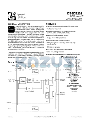 ICS9DB202CG datasheet - Two 0.7V current mode differential HCSL output pairs, 1 differential clock input