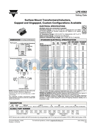 LPE6562ER102NU datasheet - Surface Mount Transformers/Inductors, Gapped and Ungapped, Custom Configurations Available