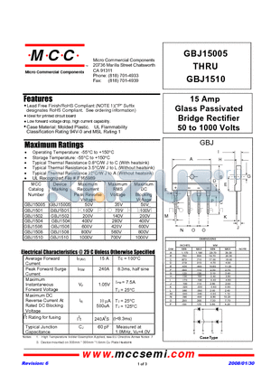 GBJ1504-BP datasheet - 15 Amp Glass Passivated Bridge Rectifier 50 to 1000 Volts