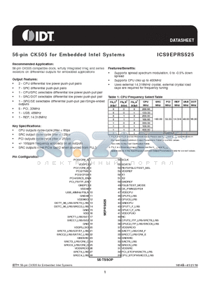 ICS9EPRS525 datasheet - 56-pin CK505 for Embedded Intel Systems