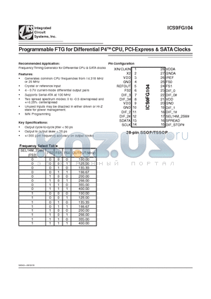 ICS9FG104YGLFT datasheet - Programmable FTG for Differential P4TM CPU, PCI-Express & SATA Clocks
