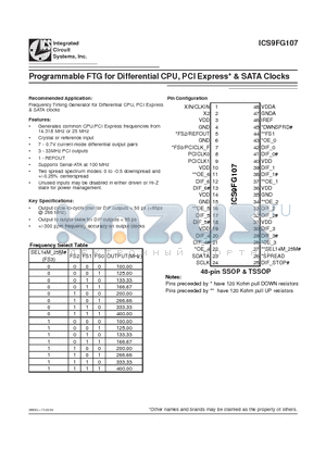 ICS9FG107YFLNT datasheet - Programmable FTG for Differential CPU, PCI Express & SATA Clocks