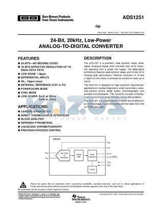 ADS1251U datasheet - 24-Bit, 20kHz, Low-Power ANALOG-TO-DIGITAL CONVERTER