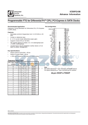 ICS9FG108YG-LFT datasheet - Programmable FTG for Differential P4 CPU, PCI-Express & SATA Clocks