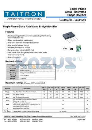 GBJ1510 datasheet - Single-Phase Glass Passivated Bridge Rectifier