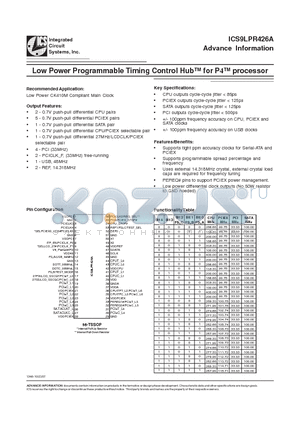 ICS9LPR426A datasheet - Low Power Programmable Timing Control Hub for P4 processor