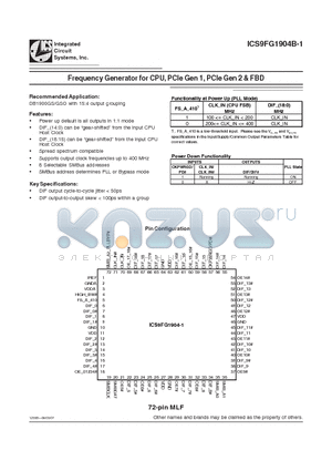ICS9FG1904BK-1LFT datasheet - Frequency Generator for CPU, PCIe Gen 1, PCIe Gen 2 & FBD