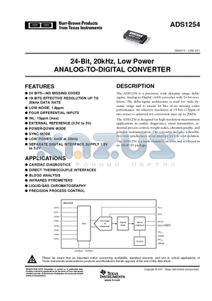 ADS1254E/2K5 datasheet - 24-Bit, 20kHz, Low Power ANALOG-TO-DIGITAL CONVERTER