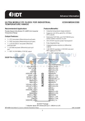 ICS9UMS9633BI datasheet - ULTRA MOBILE PC CLOCK FOR INDUSTRIAL TEMPERATURE RANGE