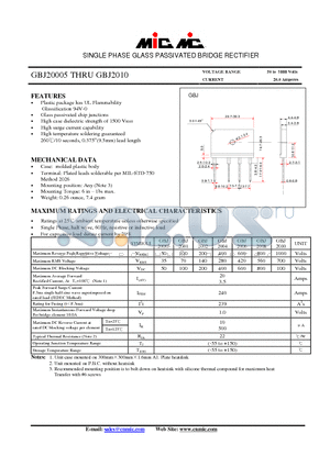 GBJ2001 datasheet - SINGLE PHASE GLASS PASSIVATED BRIDGE RECTIFIER