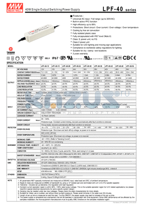 LPF-40-15 datasheet - 40W Single Output Switching Power Supply