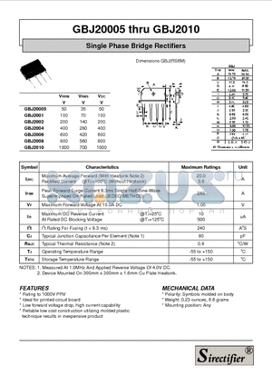 GBJ2008 datasheet - Single Phase Bridge Rectifiers