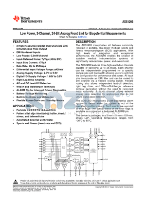 ADS1293CISQ/NOPB datasheet - Low Power, 3-Channel, 24-Bit Analog Front End for Biopotential Measurements