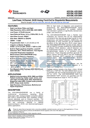 ADS1294 datasheet - Low-Power, 8-Channel, 24-Bit Analog Front-End for Biopotential Measurements