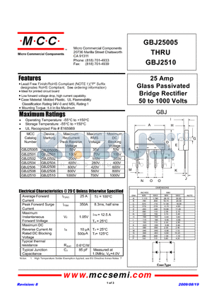 GBJ2504 datasheet - 25 Amp Glass Passivated Bridge Rectifier 50 to 1000 Volts