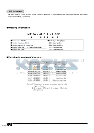 MA18A-32DA-2DSA datasheet - MA18 series is a 2mm pitch FFC socket connector developed for miniature HDD and main port connection