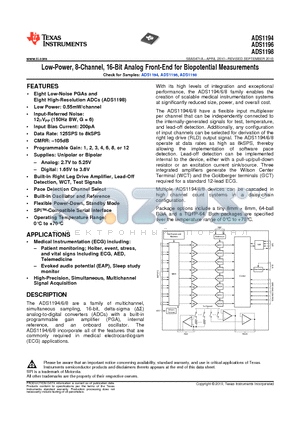 ADS1298 datasheet - Low-Power 8-Channel 16-Bit Analog Front-End for Biopotential Measurements
