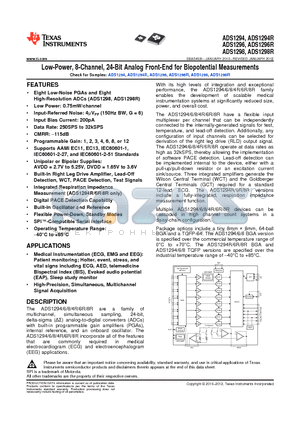 ADS1298 datasheet - Low-Power, 8-Channel, 24-Bit Analog Front-End for Biopotential Measurements
