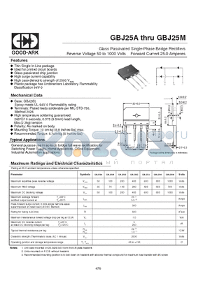 GBJ25D datasheet - Glass Passivated Single-Phase Bridge Rectifiers Reverse Voltage 50 to 1000 Volts Forward Current 25.0 Amperes