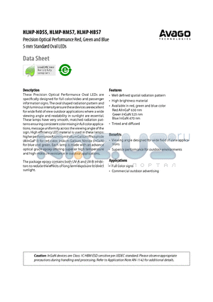 HLMP-HB57-KN0XX datasheet - Precision Optical Performance Red, Green and Blue 5 mm Standard Oval LEDs