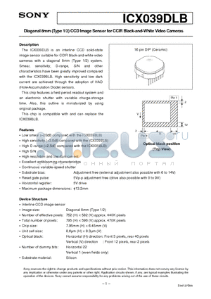 ICX039 datasheet - Diagonal 8mm (Type 1/2) CCD Image Sensor for CCIR Black-and-White Video Cameras
