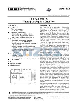 ADS1602IPFBRG4 datasheet - 16-Bit, 2.5MSPS Analog-to-Digital Converter