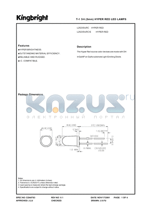 L2523SURC datasheet - T-1 3/4 (5MM) HYPER RED LED LAMPS