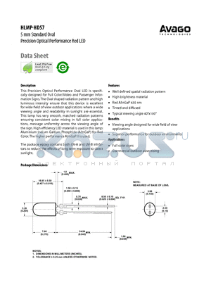 HLMP-HD57-NR0XX datasheet - 5 mm Standard Oval Precision Optical Performance Red LED