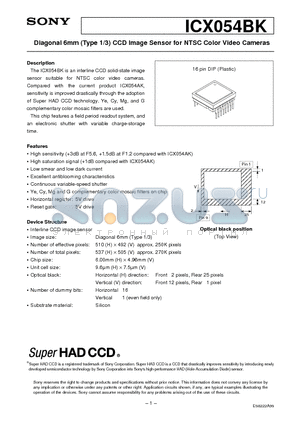 ICX054BK datasheet - Diagonal 6mm (Type 1/3) CCD Image Sensor for NTSC Color Video Cameras
