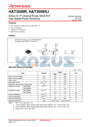 HAT3008R-EL-E datasheet - Silicon N / P Channel Power MOS FET High Speed Power Switching