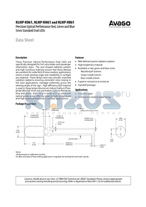 HLMP-HM61 datasheet - Precision Optical Performance Red, Green and Blue 5mm Standard Oval LEDs