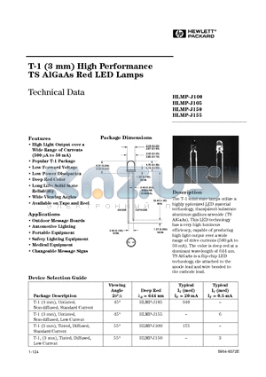 HLMP-J100 datasheet - T-1 (3 mm) High Performance TS AlGaAs Red LED Lamps