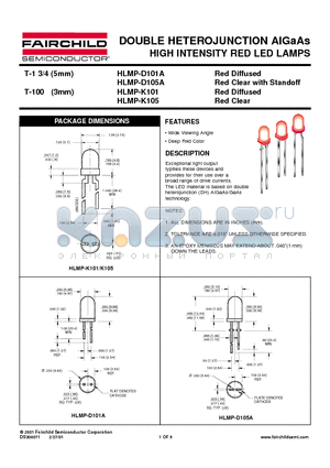 HLMP-K101 datasheet - DOUBLE HETEROJUNCTION AIGaAs HIGH INTENSITY RED LED LAMPS