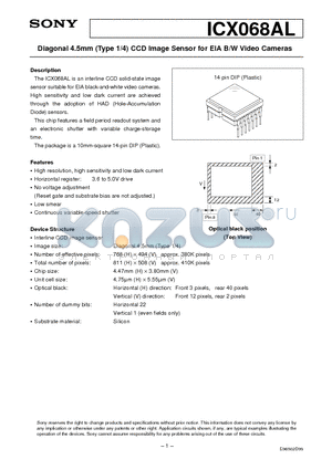 ICX068AL datasheet - Diagonal 4.5mm (Type 1/4) CCD Image Sensor for EIA B/W Video Cameras