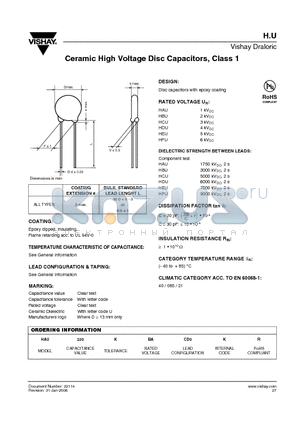 HAU330 datasheet - Ceramic High Voltage Disc Capacitors, Class 1