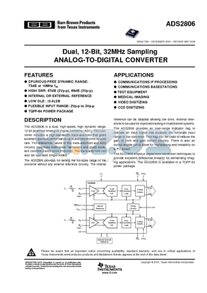 ADS2806Y datasheet - Dual, 12-Bit, 32MHz Sampling ANALOG-TO-DIGITAL CONVERTER