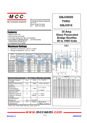 GBJ3502 datasheet - 35 Amp Glass Passivated Bridge Rectifier 50 to 1000 Volts